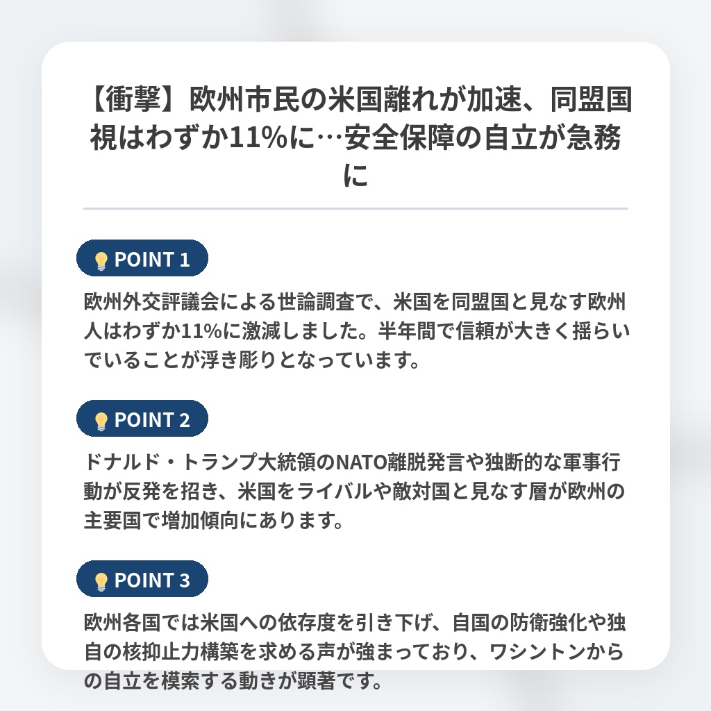 【衝撃】欧州市民の米国離れが加速、同盟国視はわずか11%に…安全保障の自立が急務にの注目ポイントまとめ