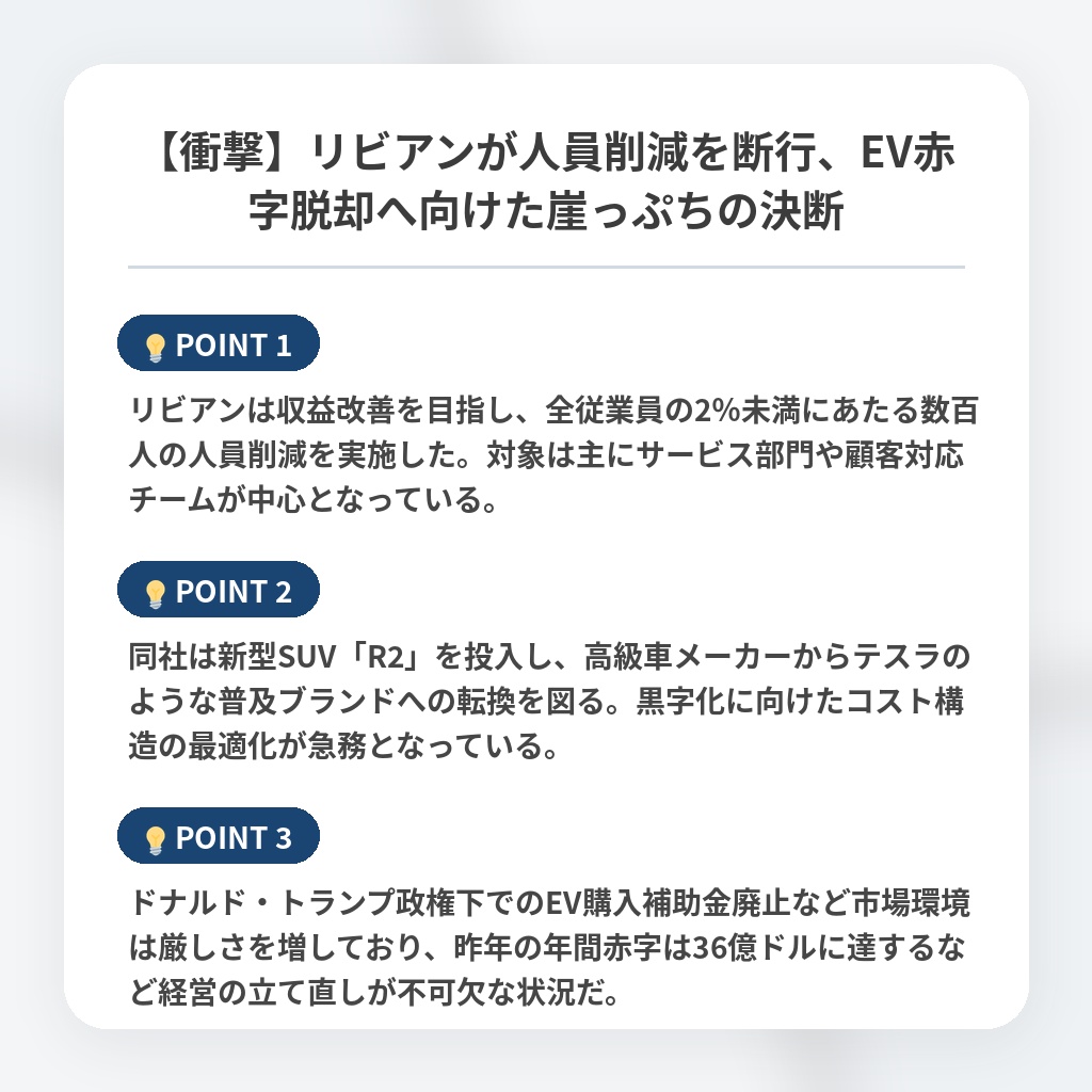 【衝撃】リビアンが人員削減を断行、EV赤字脱却へ向けた崖っぷちの決断の注目ポイントまとめ