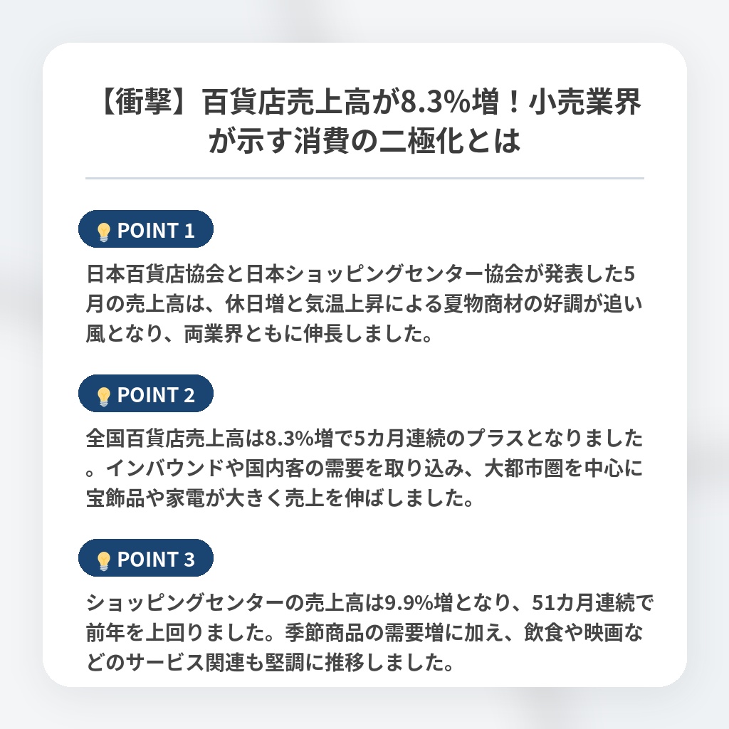 【衝撃】百貨店売上高が8.3％増！小売業界が示す消費の二極化とはの注目ポイントまとめ