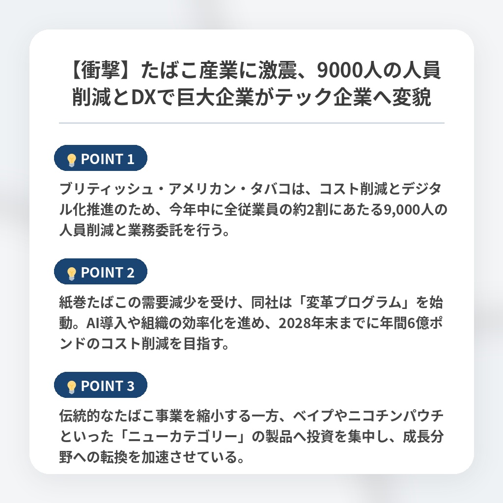 【衝撃】たばこ産業に激震、9000人の人員削減とDXで巨大企業がテック企業へ変貌の注目ポイントまとめ