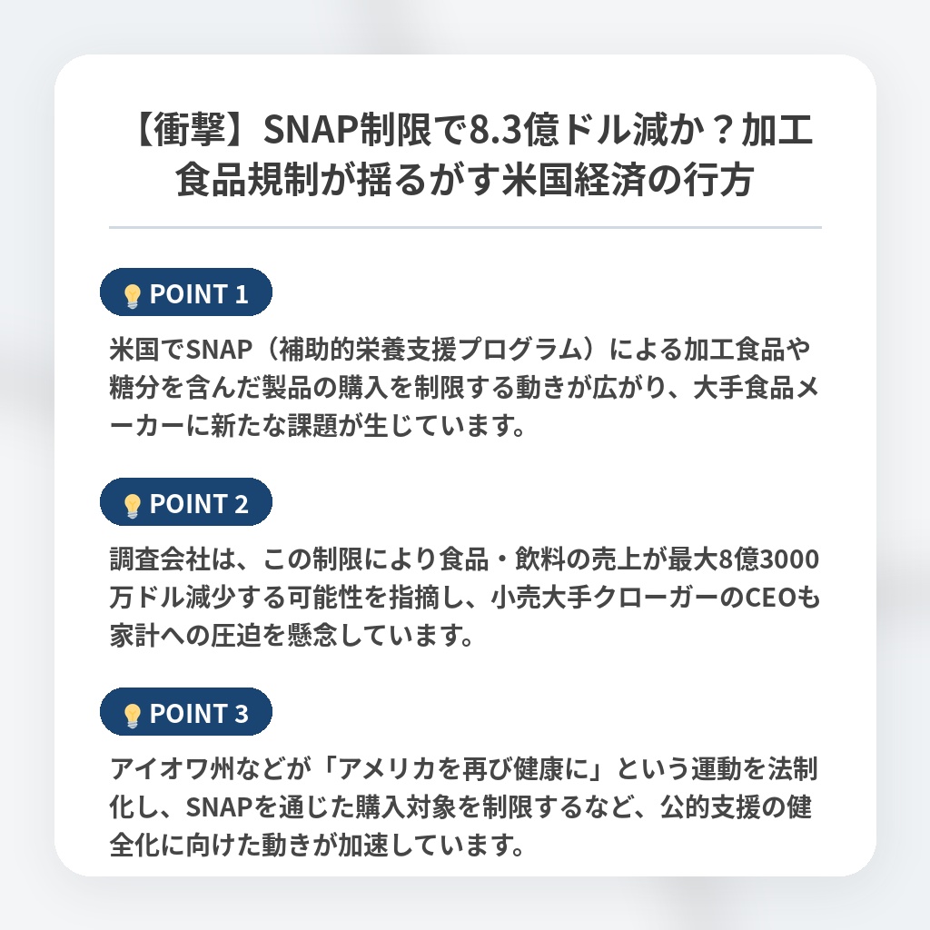【衝撃】SNAP制限で8.3億ドル減か？加工食品規制が揺るがす米国経済の行方の注目ポイントまとめ