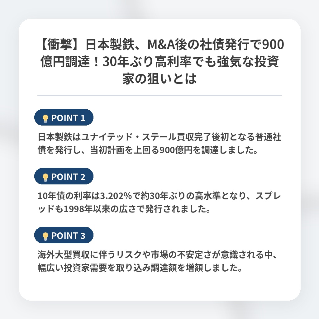 【衝撃】日本製鉄、M&A後の社債発行で900億円調達！30年ぶり高利率でも強気な投資家の狙いとはの注目ポイントまとめ