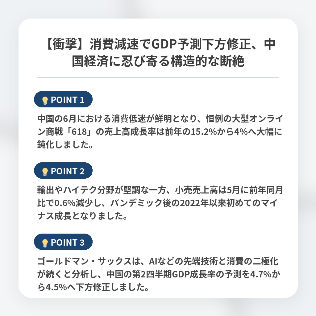 【衝撃】消費減速でGDP予測下方修正、中国経済に忍び寄る構造的な断絶の注目ポイントまとめ