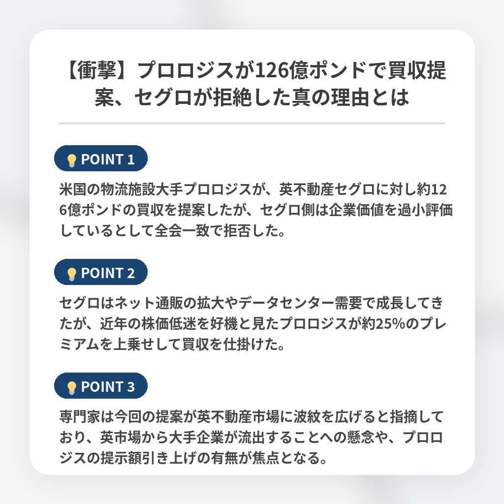 【衝撃】プロロジスが126億ポンドで買収提案、セグロが拒絶した真の理由とはの注目ポイントまとめ