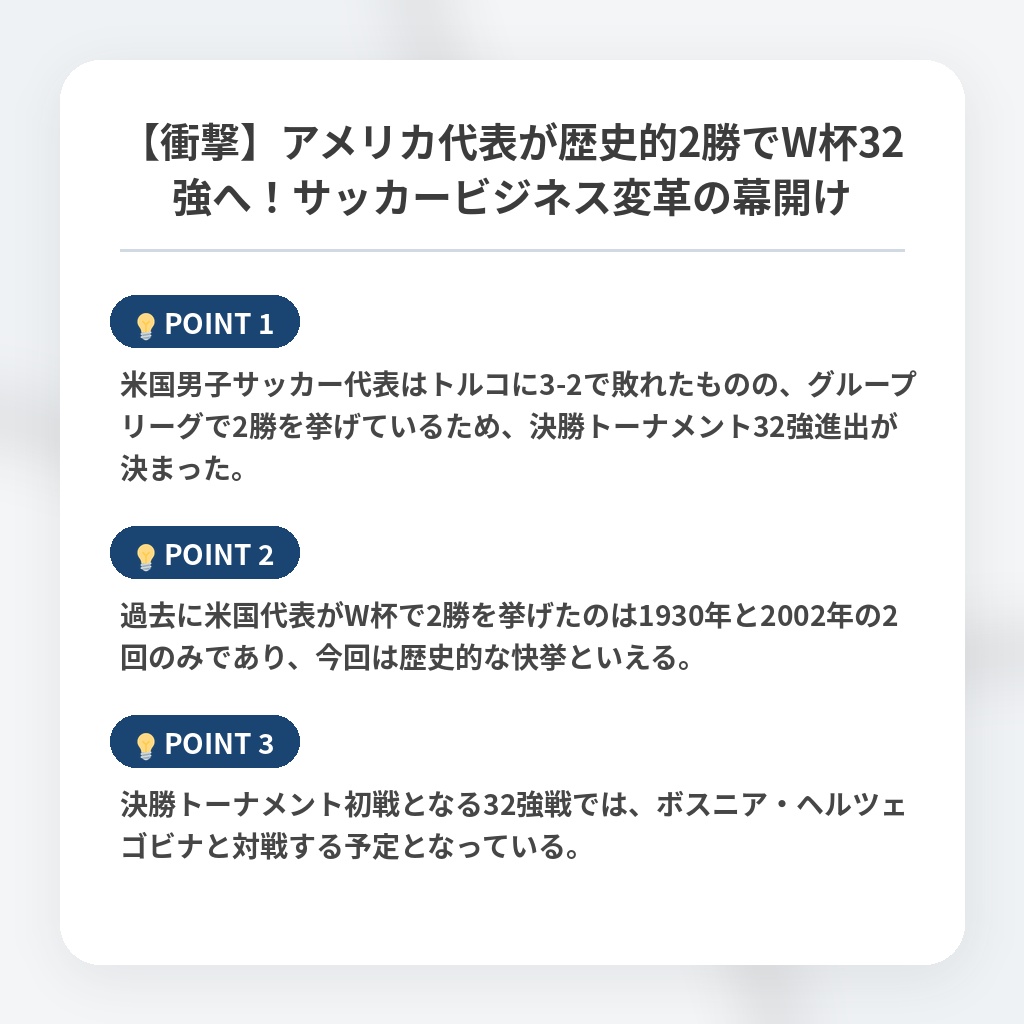 【衝撃】アメリカ代表が歴史的2勝でW杯32強へ！サッカービジネス変革の幕開けの注目ポイントまとめ