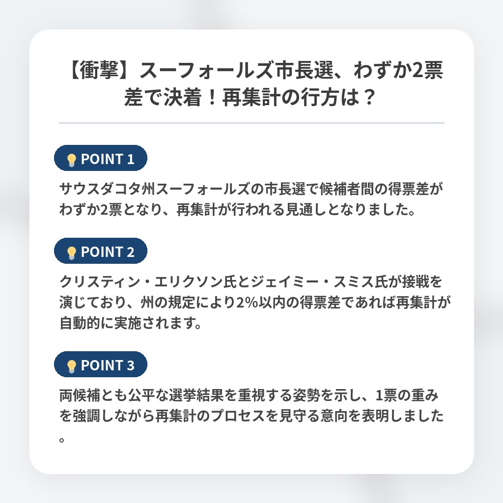 【衝撃】スーフォールズ市長選、わずか2票差で決着！再集計の行方は？の注目ポイントまとめ