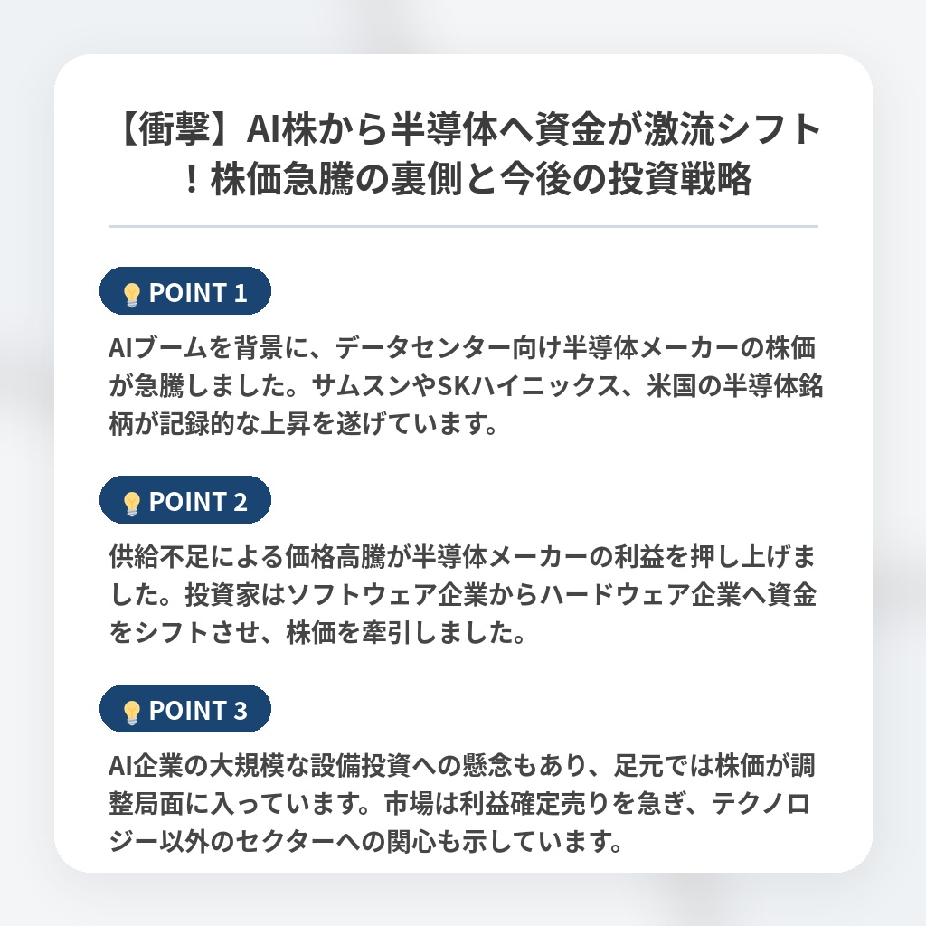 【衝撃】AI株から半導体へ資金が激流シフト！株価急騰の裏側と今後の投資戦略の注目ポイントまとめ