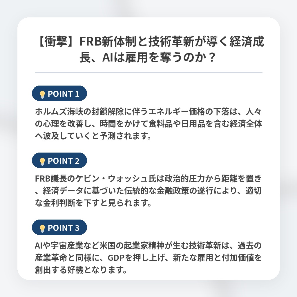 【衝撃】FRB新体制と技術革新が導く経済成長、AIは雇用を奪うのか？の注目ポイントまとめ