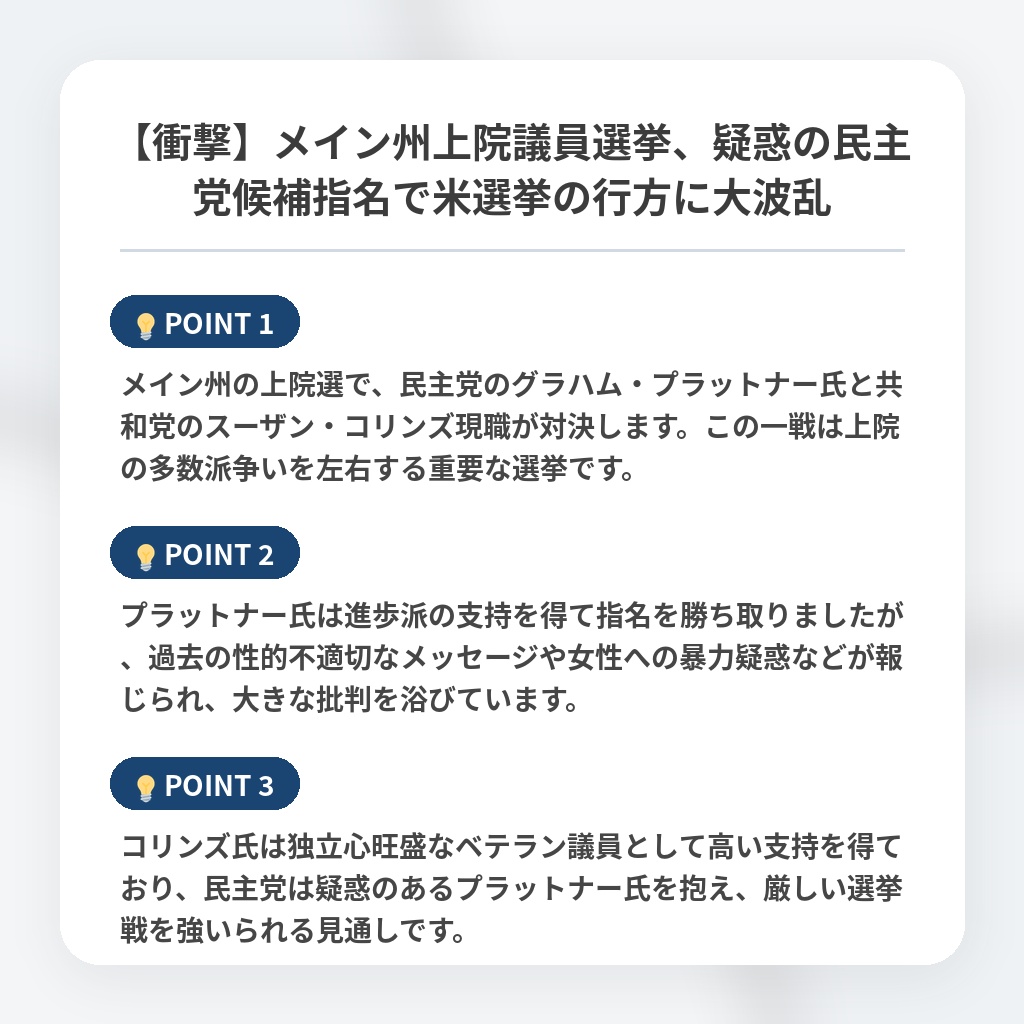 【衝撃】メイン州上院議員選挙、疑惑の民主党候補指名で米選挙の行方に大波乱の注目ポイントまとめ