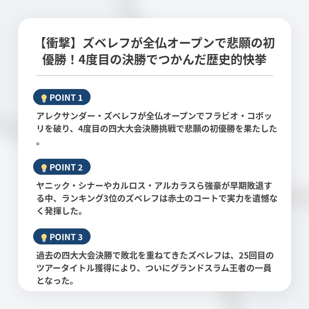 【衝撃】ズベレフが全仏オープンで悲願の初優勝！4度目の決勝でつかんだ歴史的快挙の注目ポイントまとめ