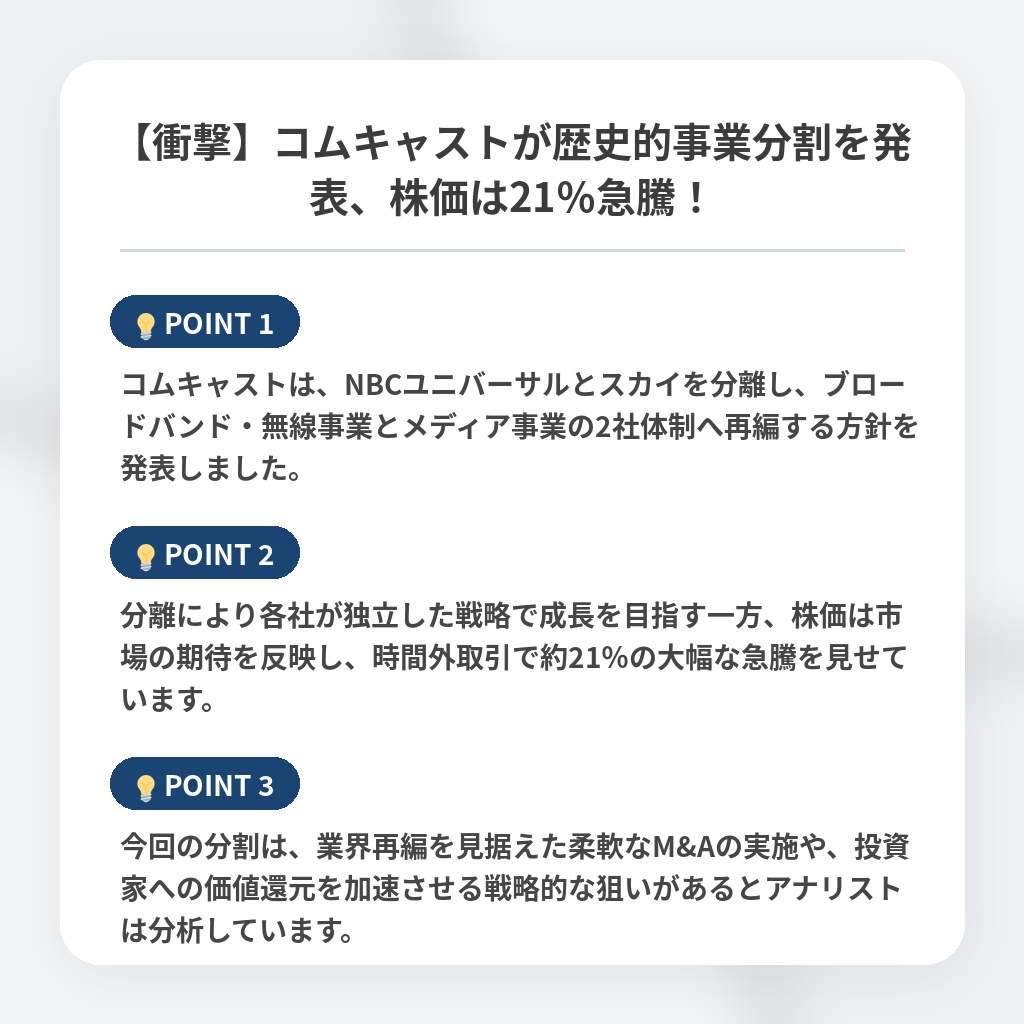 【衝撃】コムキャストが歴史的事業分割を発表、株価は21％急騰！の注目ポイントまとめ