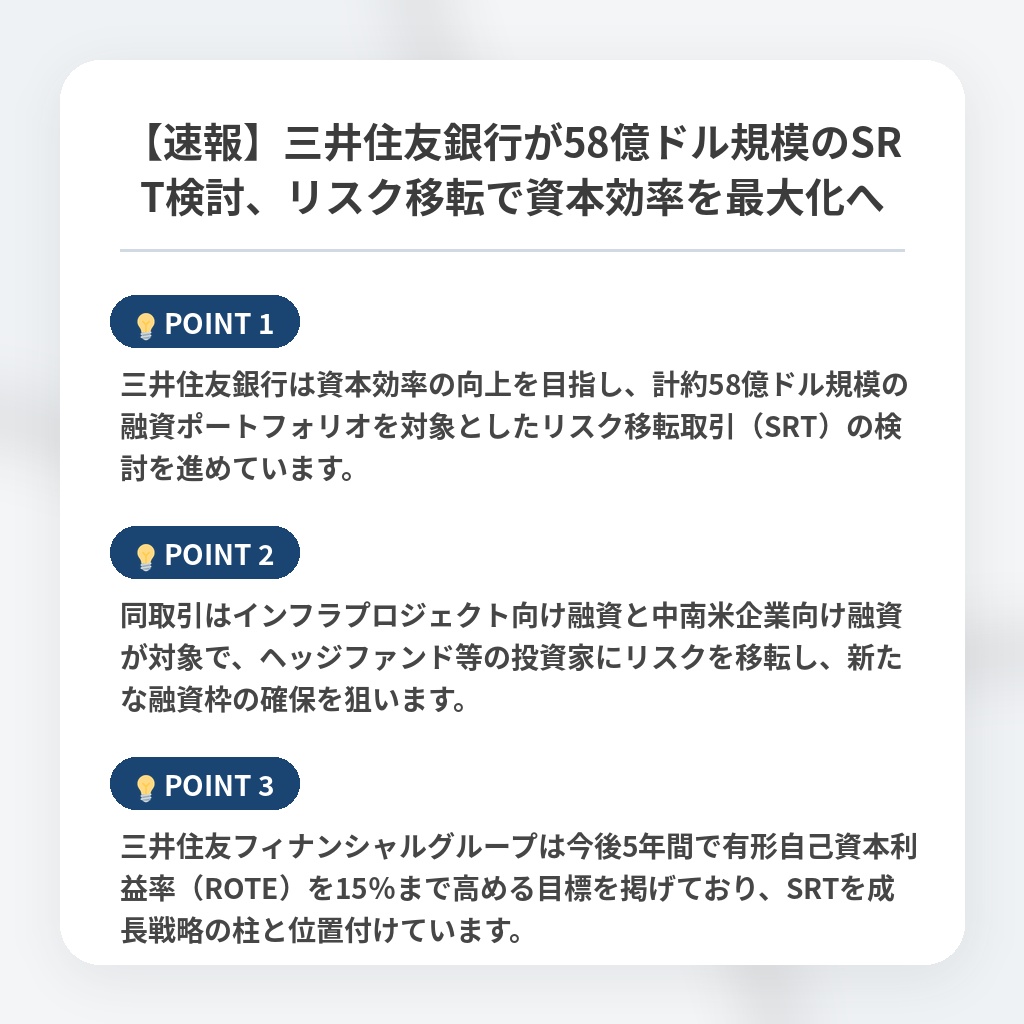 【速報】三井住友銀行が58億ドル規模のSRT検討、リスク移転で資本効率を最大化への注目ポイントまとめ