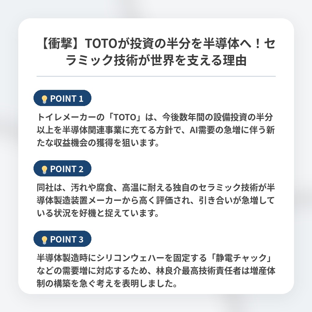 【衝撃】TOTOが投資の半分を半導体へ！セラミック技術が世界を支える理由の注目ポイントまとめ