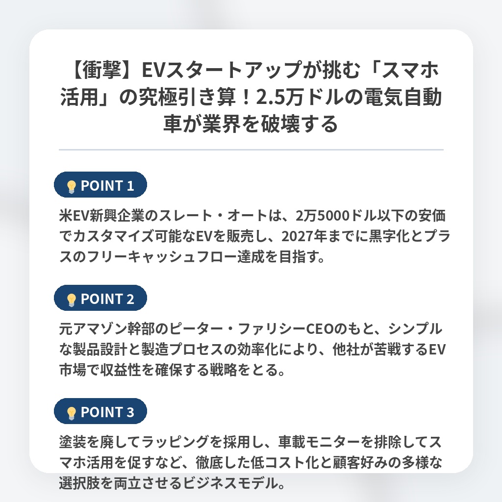 【衝撃】EVスタートアップが挑む「スマホ活用」の究極引き算!2.5万ドルの電気自動車が業界を破壊するの注目ポイントまとめ