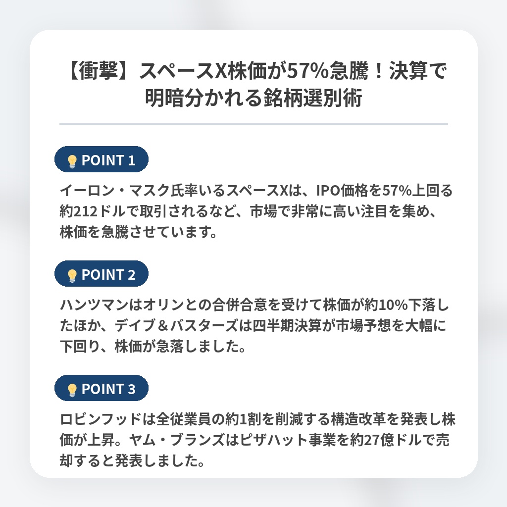 【衝撃】スペースX株価が57%急騰！決算で明暗分かれる銘柄選別術の注目ポイントまとめ