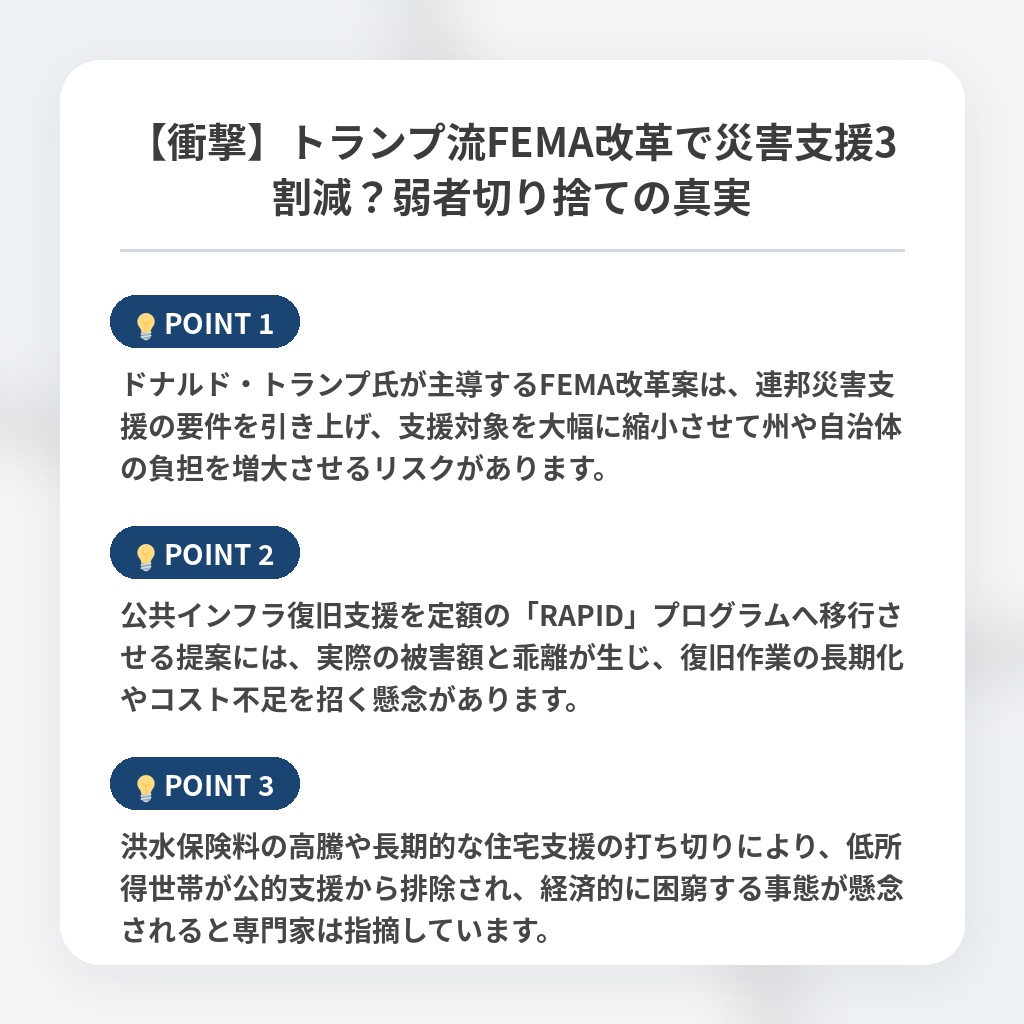 【衝撃】トランプ流FEMA改革で災害支援3割減？弱者切り捨ての真実の注目ポイントまとめ