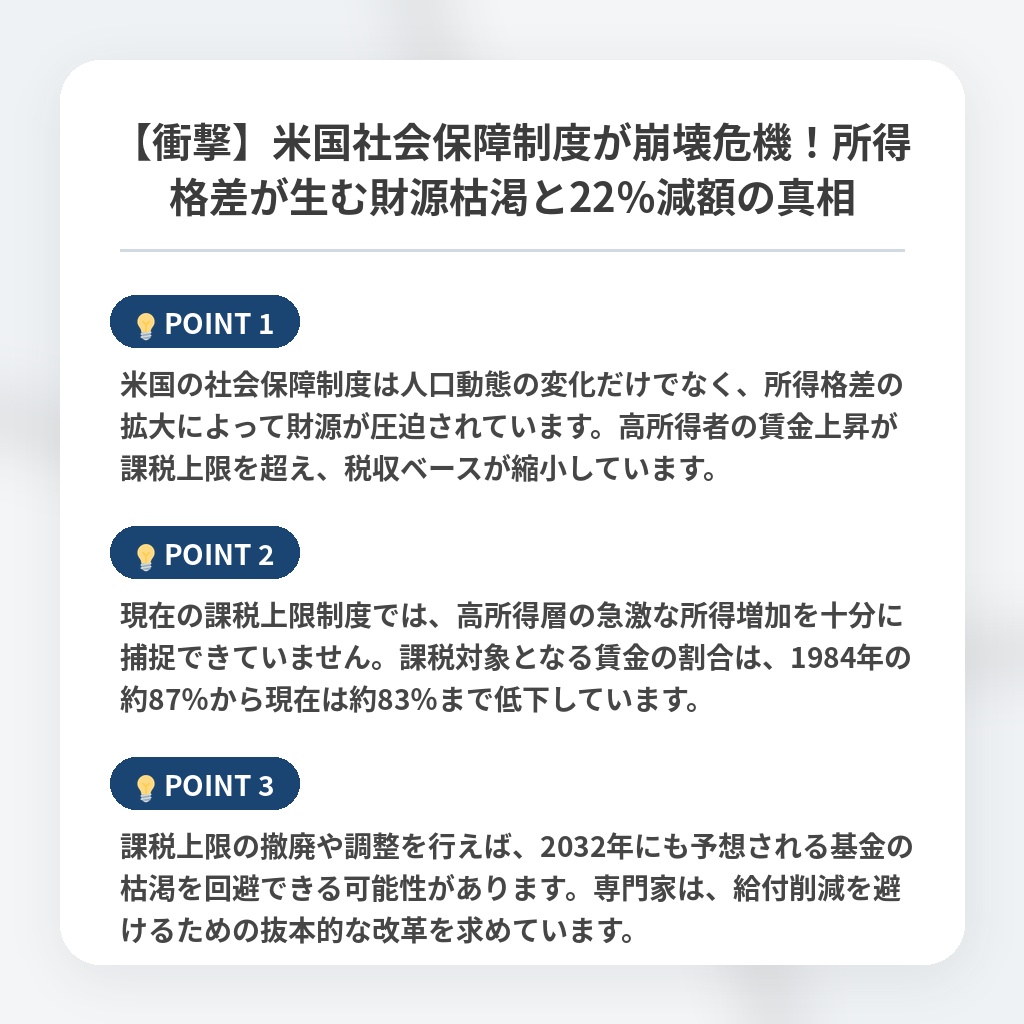 【衝撃】米国社会保障制度が崩壊危機！所得格差が生む財源枯渇と22％減額の真相の注目ポイントまとめ