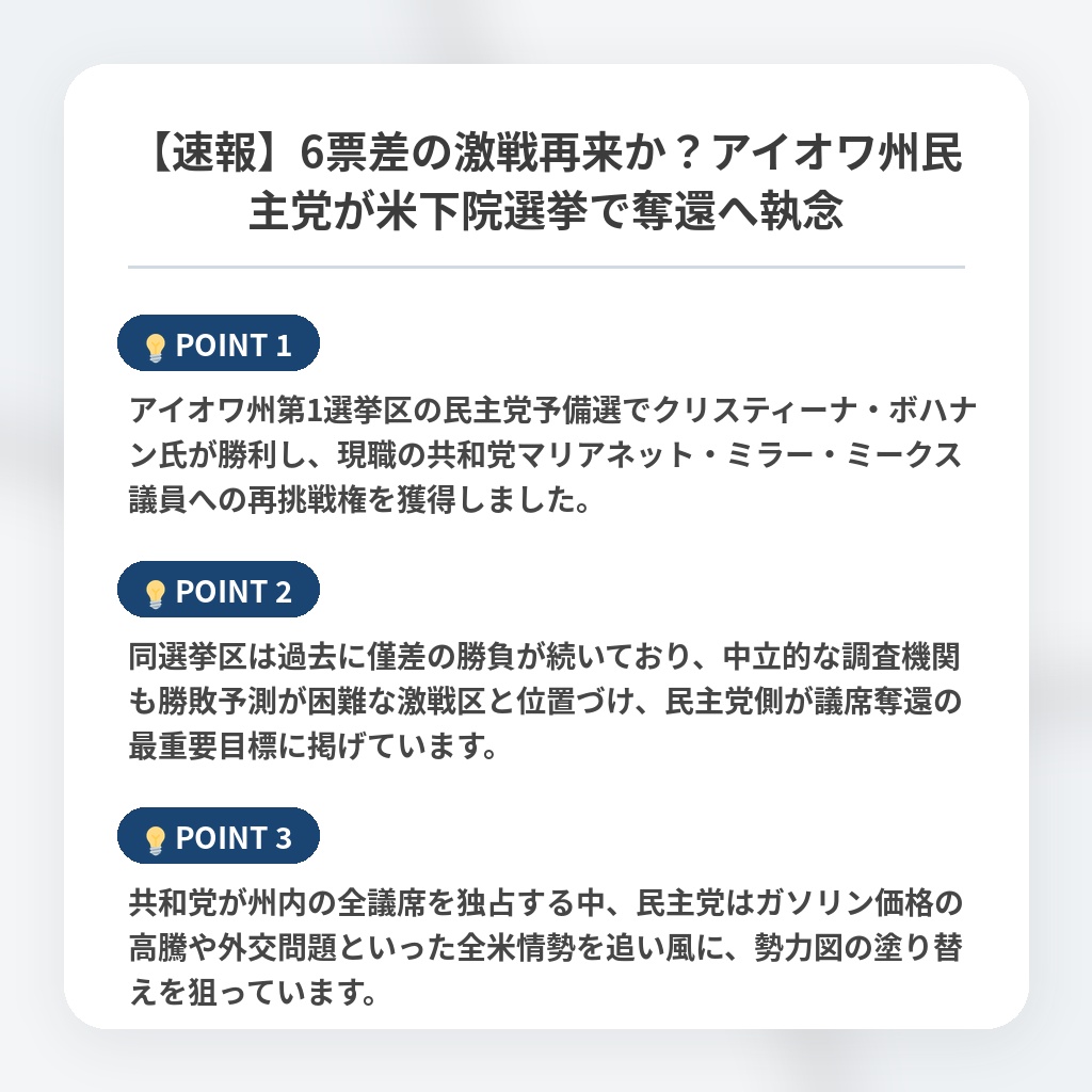 【速報】6票差の激戦再来か？アイオワ州民主党が米下院選挙で奪還へ執念の注目ポイントまとめ