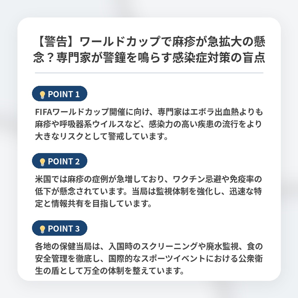 【警告】ワールドカップで麻疹が急拡大の懸念？専門家が警鐘を鳴らす感染症対策の盲点の注目ポイントまとめ