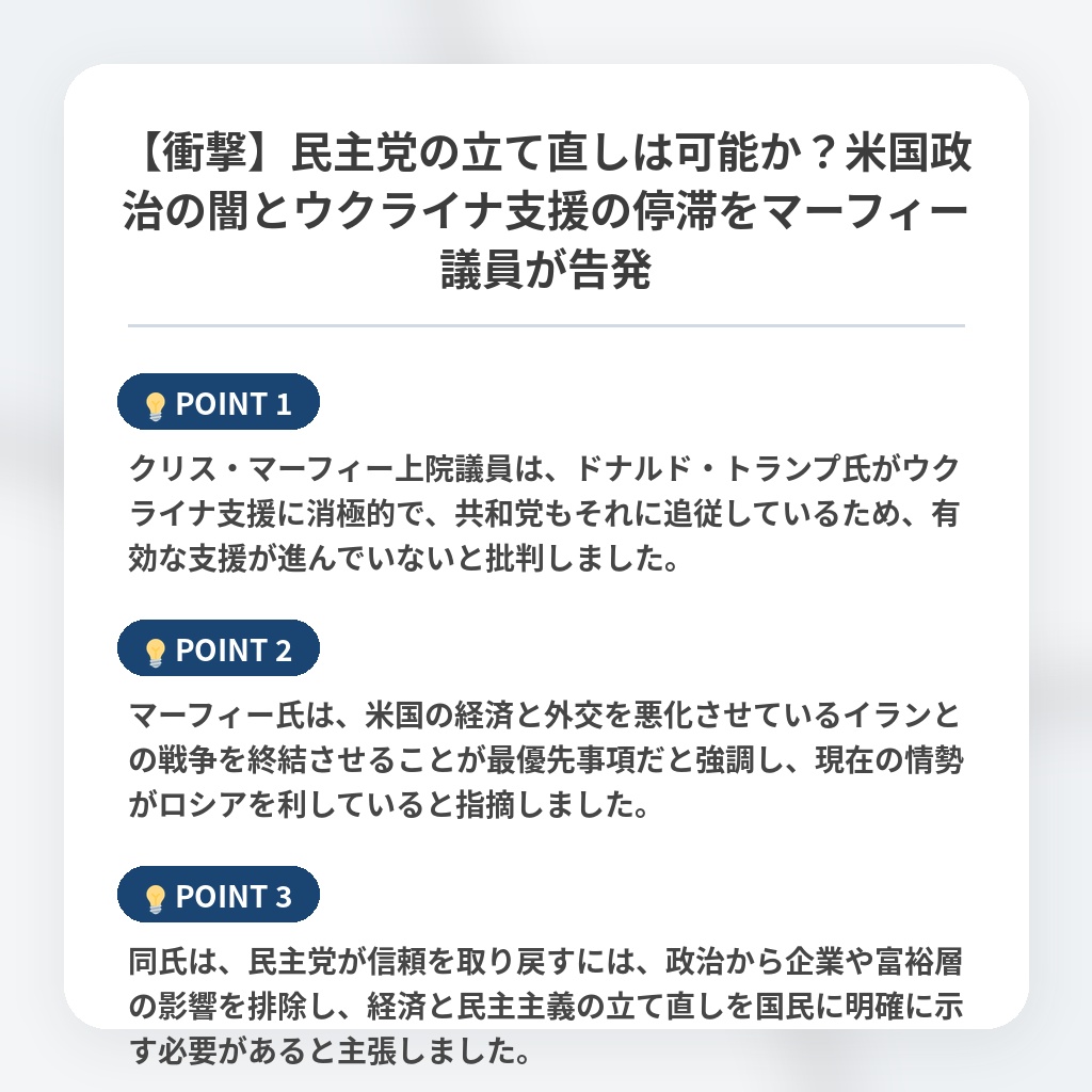 【衝撃】民主党の立て直しは可能か？米国政治の闇とウクライナ支援の停滞をマーフィー議員が告発の注目ポイントまとめ