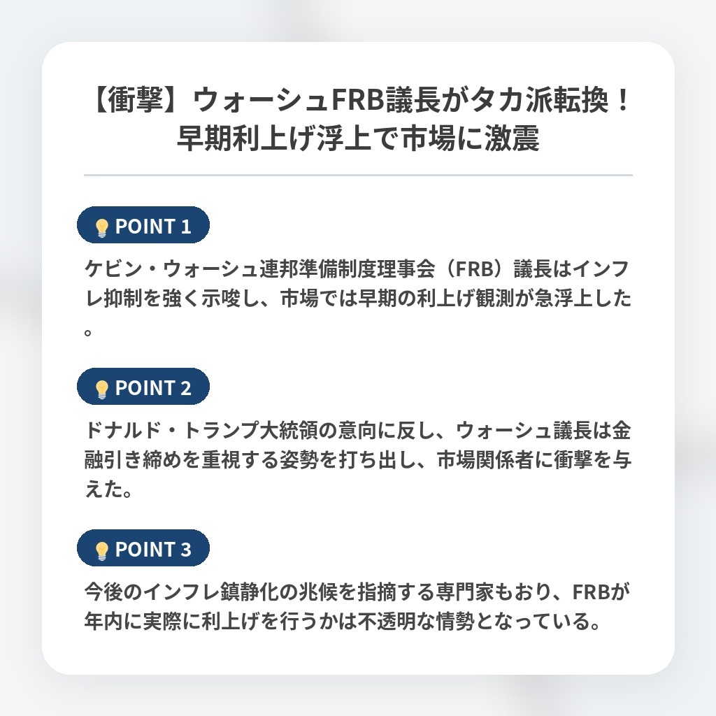 【衝撃】ウォーシュFRB議長がタカ派転換!早期利上げ浮上で市場に激震の注目ポイントまとめ