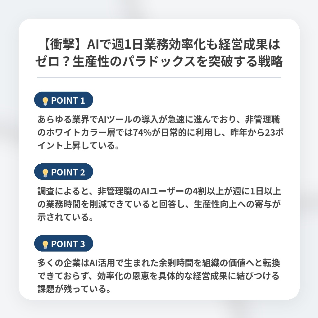 【衝撃】AIで週1日業務効率化も経営成果はゼロ？生産性のパラドックスを突破する戦略の注目ポイントまとめ