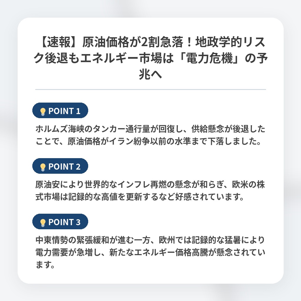 【速報】原油価格が2割急落！地政学的リスク後退もエネルギー市場は「電力危機」の予兆への注目ポイントまとめ