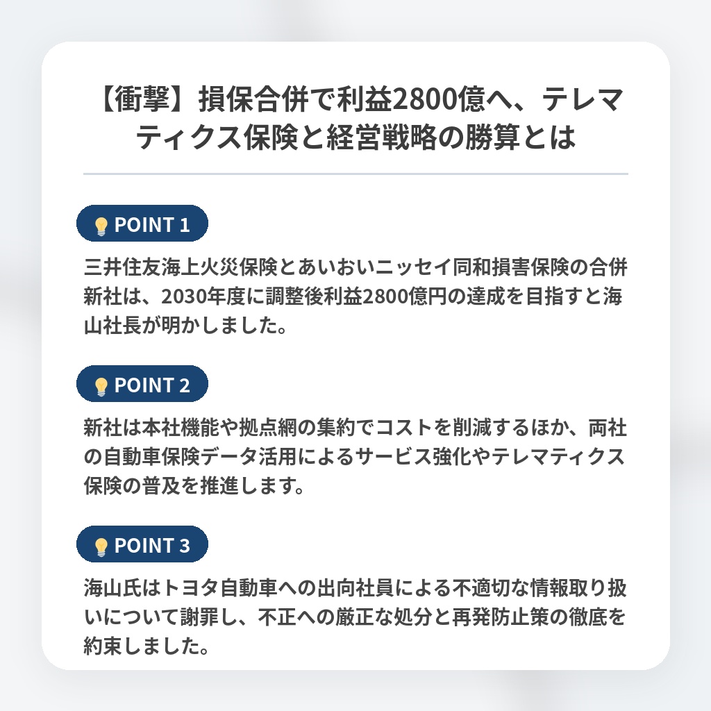 【衝撃】損保合併で利益2800億へ、テレマティクス保険と経営戦略の勝算とはの注目ポイントまとめ