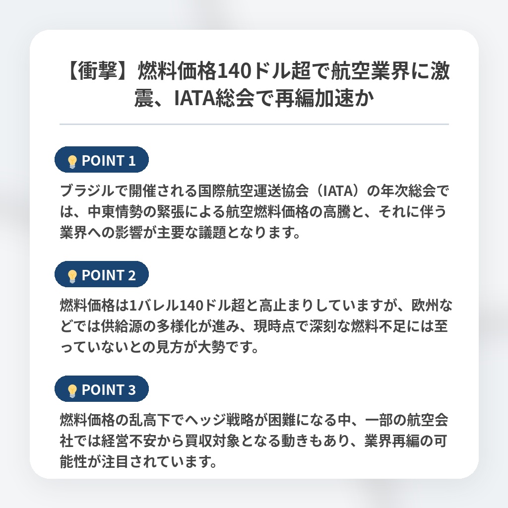 【衝撃】燃料価格140ドル超で航空業界に激震、IATA総会で再編加速かの注目ポイントまとめ