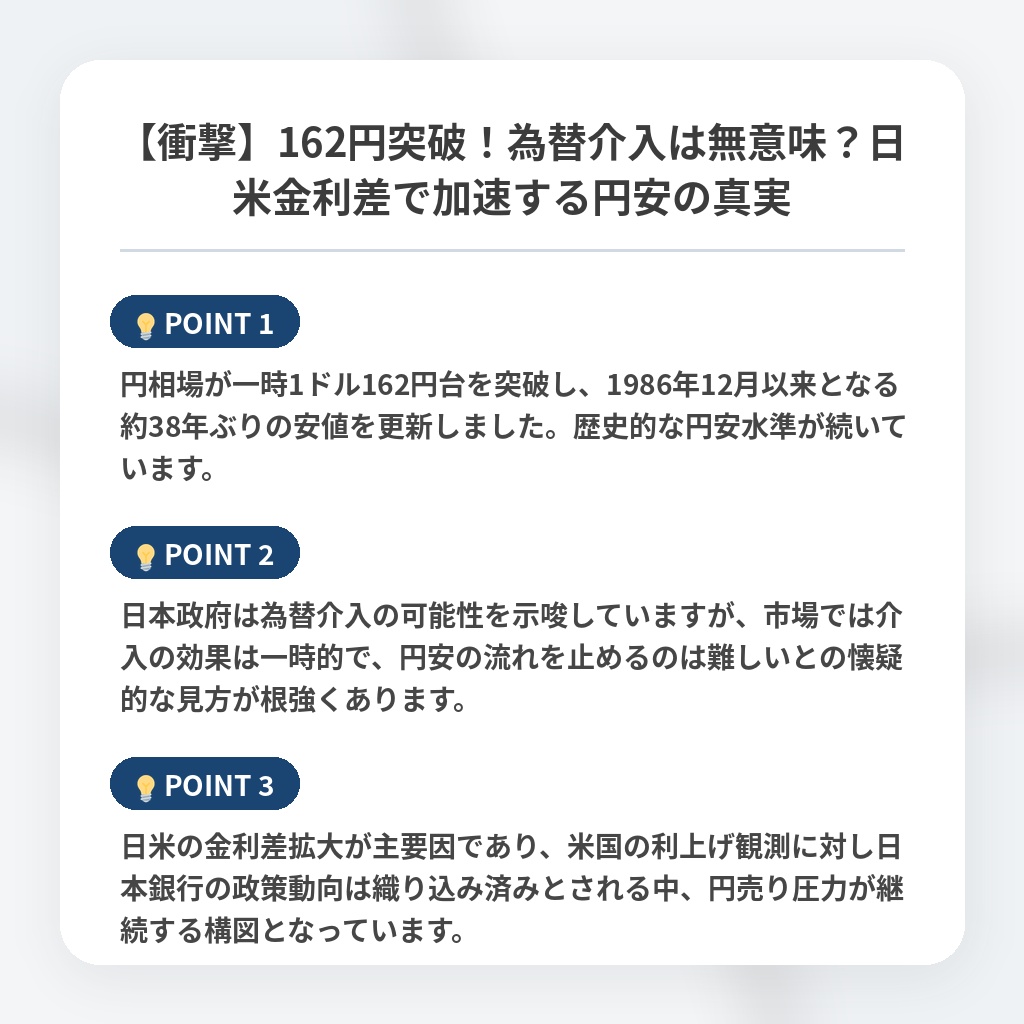 【衝撃】162円突破！為替介入は無意味？日米金利差で加速する円安の真実の注目ポイントまとめ