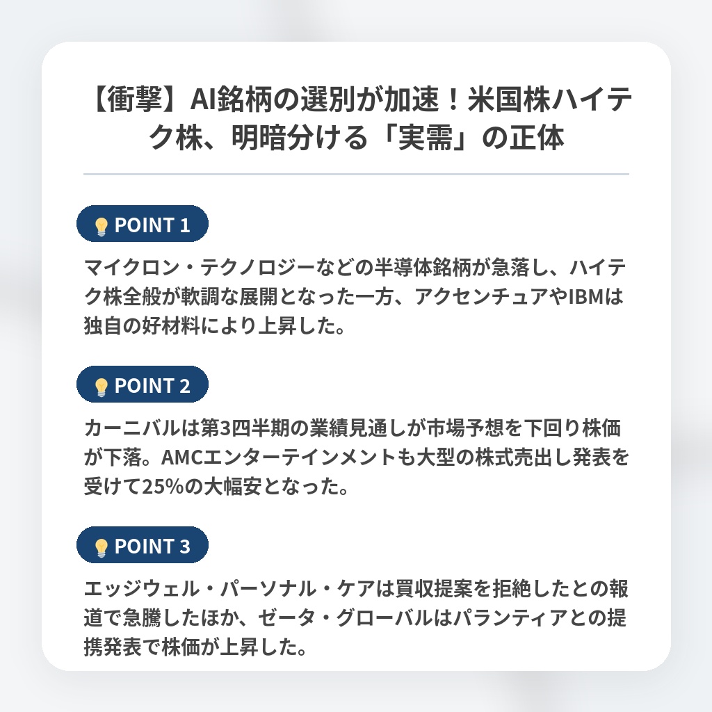 【衝撃】AI銘柄の選別が加速！米国株ハイテク株、明暗分ける「実需」の正体の注目ポイントまとめ