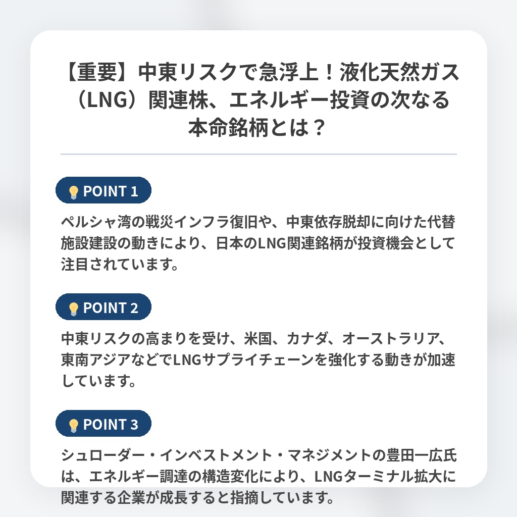 【重要】中東リスクで急浮上！液化天然ガス（LNG）関連株、エネルギー投資の次なる本命銘柄とは？の注目ポイントまとめ