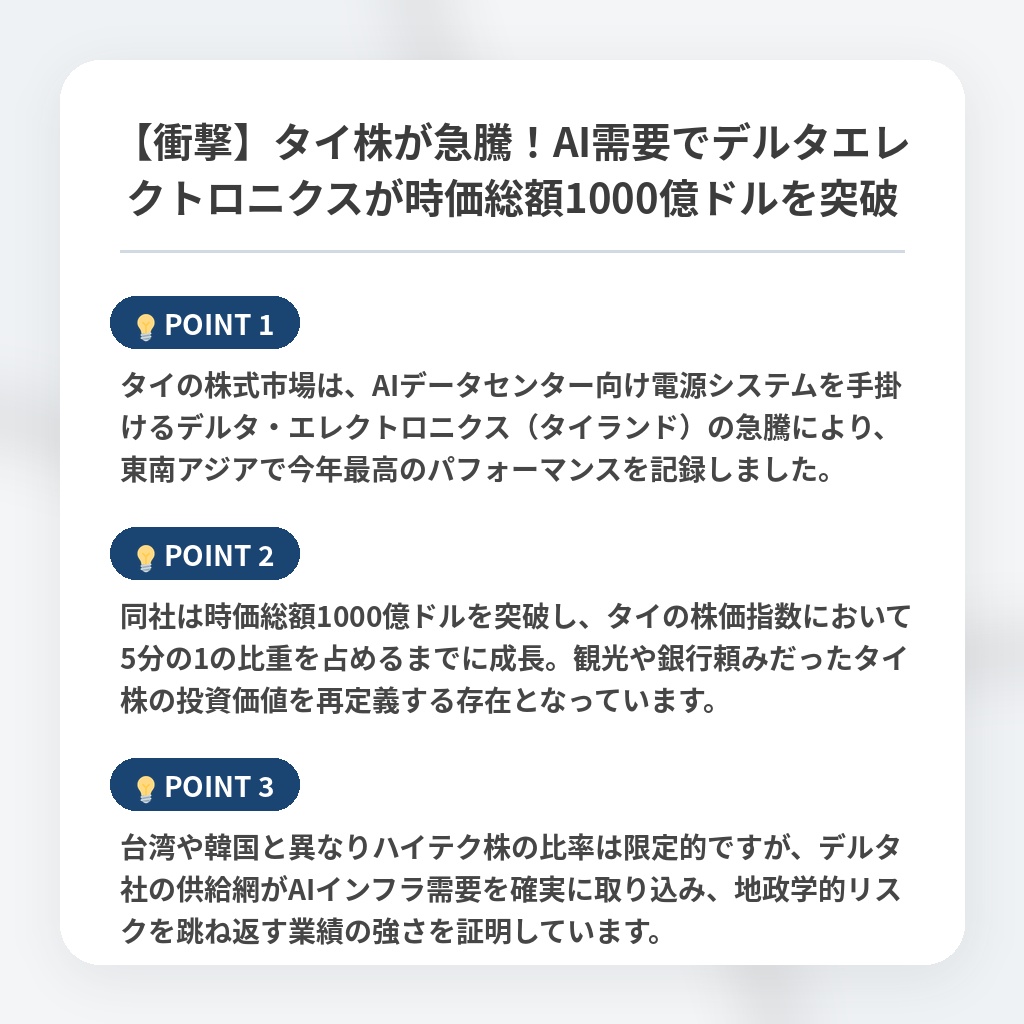 【衝撃】タイ株が急騰！AI需要でデルタエレクトロニクスが時価総額1000億ドルを突破の注目ポイントまとめ