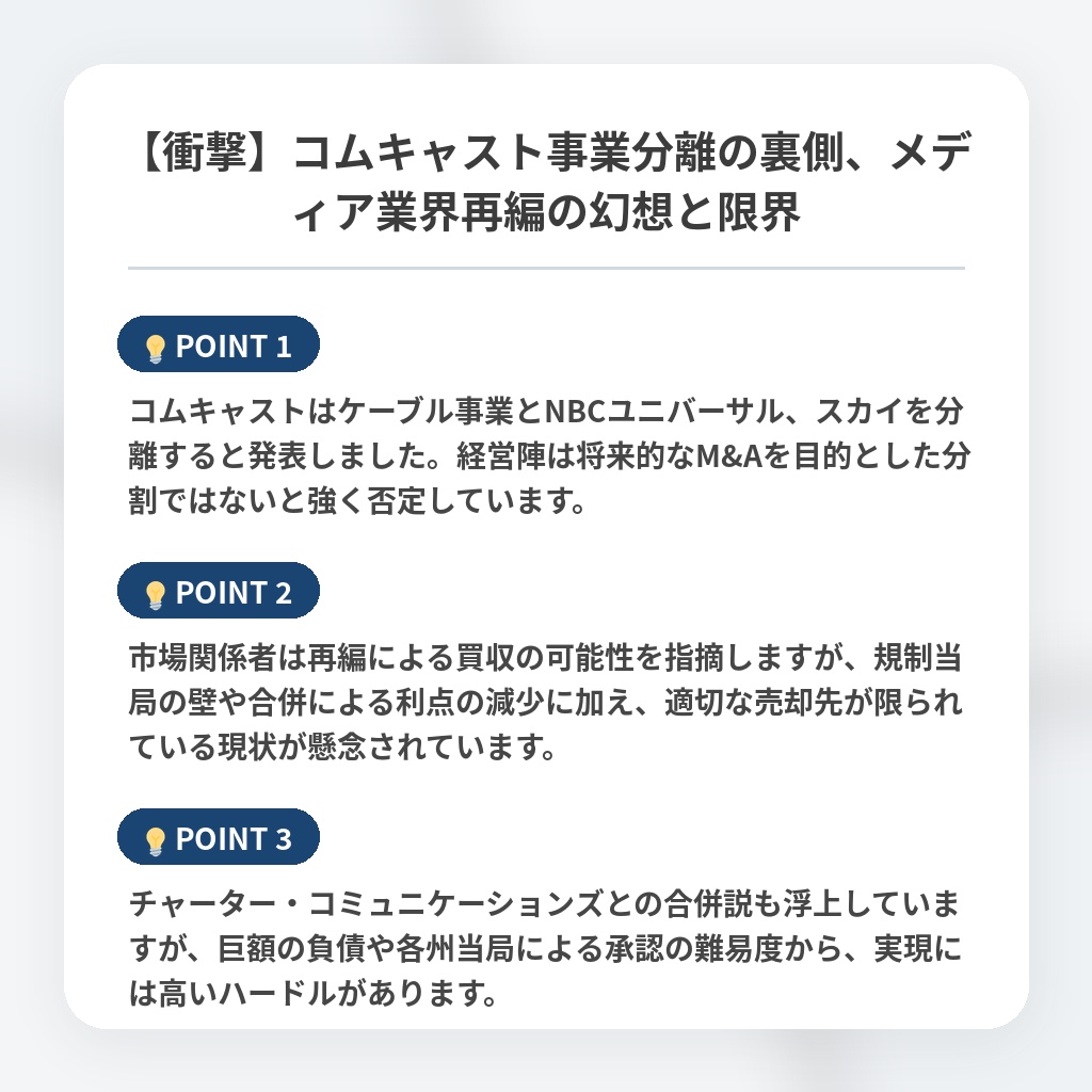【衝撃】コムキャスト事業分離の裏側、メディア業界再編の幻想と限界の注目ポイントまとめ