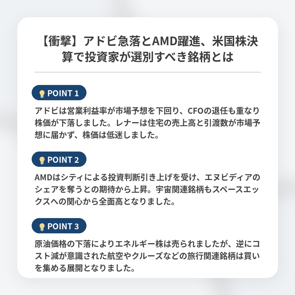 【衝撃】アドビ急落とAMD躍進、米国株決算で投資家が選別すべき銘柄とはの注目ポイントまとめ