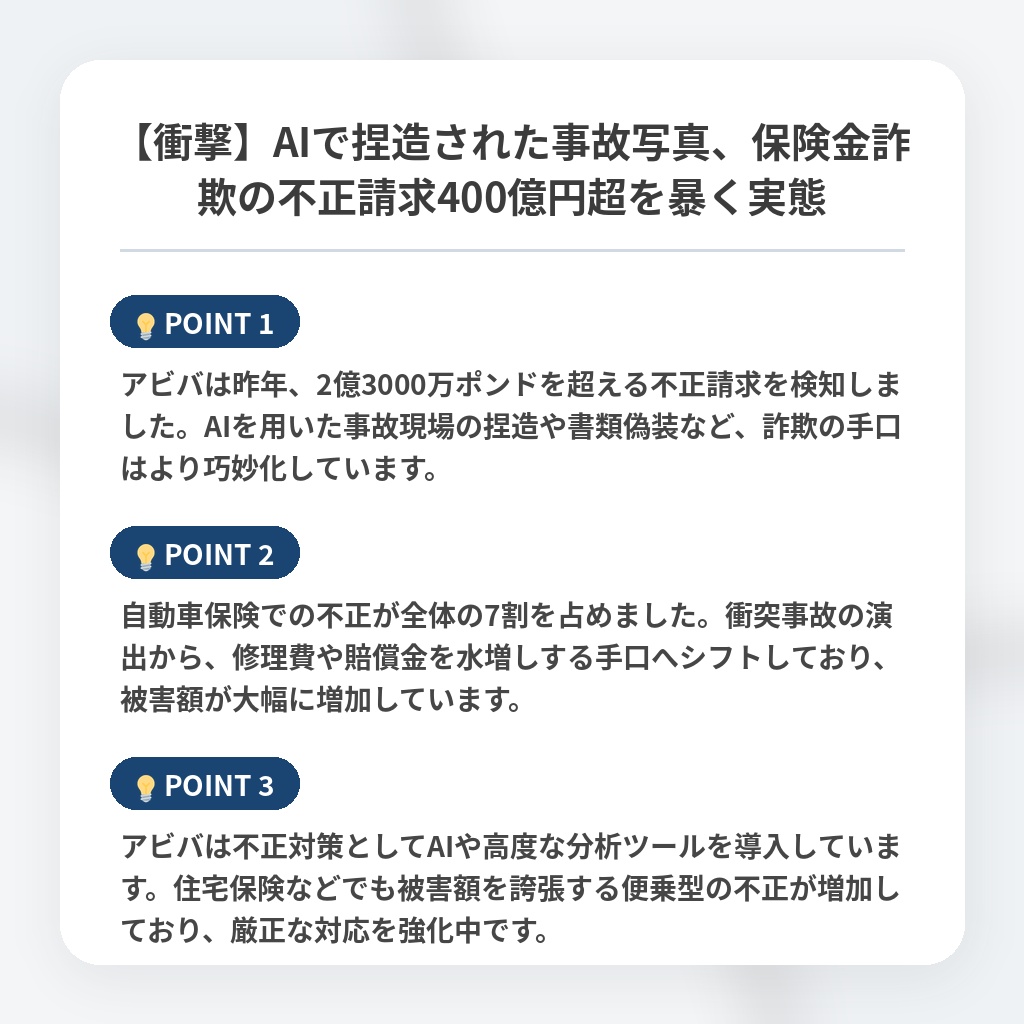 【衝撃】AIで捏造された事故写真、保険金詐欺の不正請求400億円超を暴く実態の注目ポイントまとめ