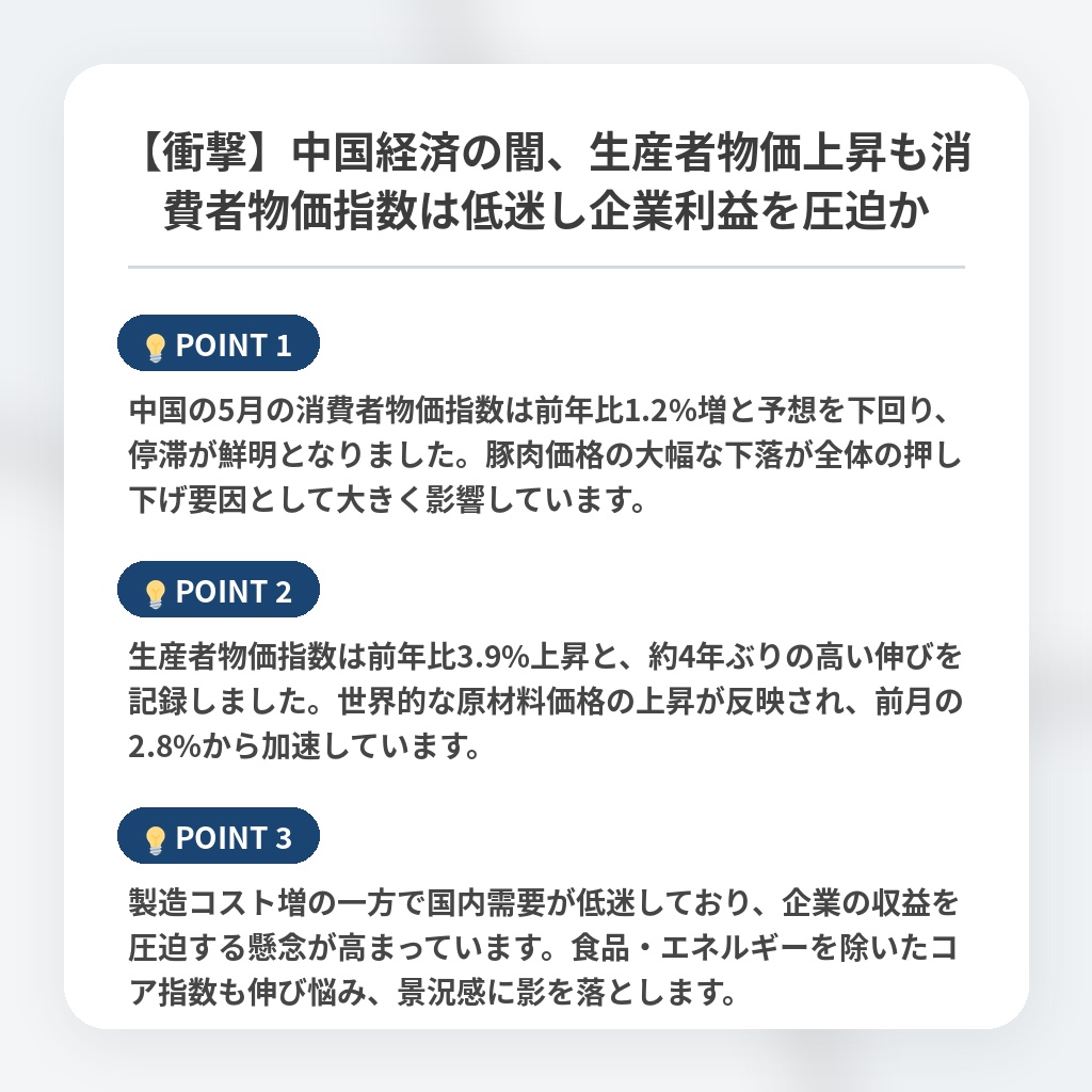 【衝撃】中国経済の闇、生産者物価上昇も消費者物価指数は低迷し企業利益を圧迫かの注目ポイントまとめ
