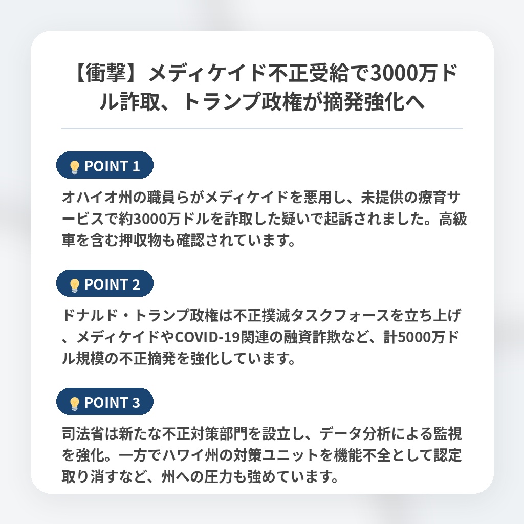 【衝撃】メディケイド不正受給で3000万ドル詐取、トランプ政権が摘発強化への注目ポイントまとめ
