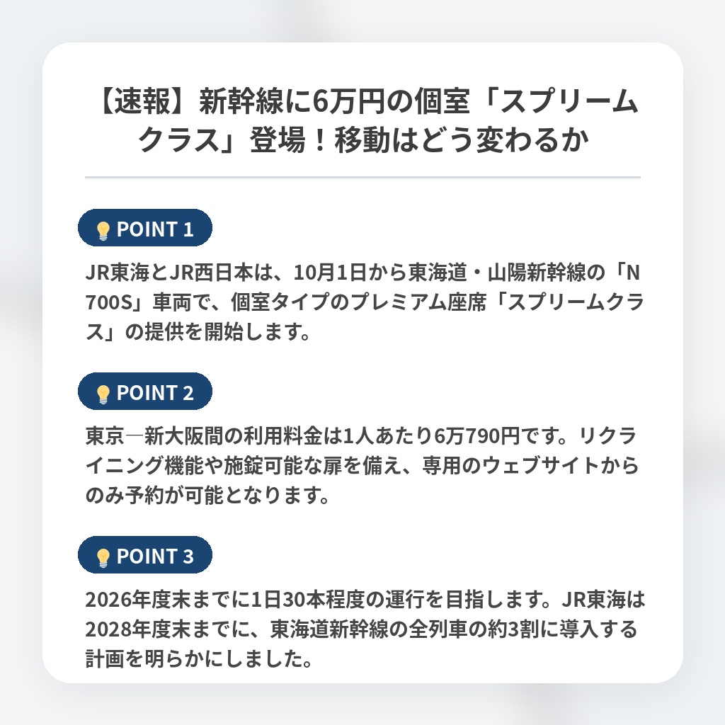 【速報】新幹線に6万円の個室「スプリームクラス」登場！移動はどう変わるかの注目ポイントまとめ