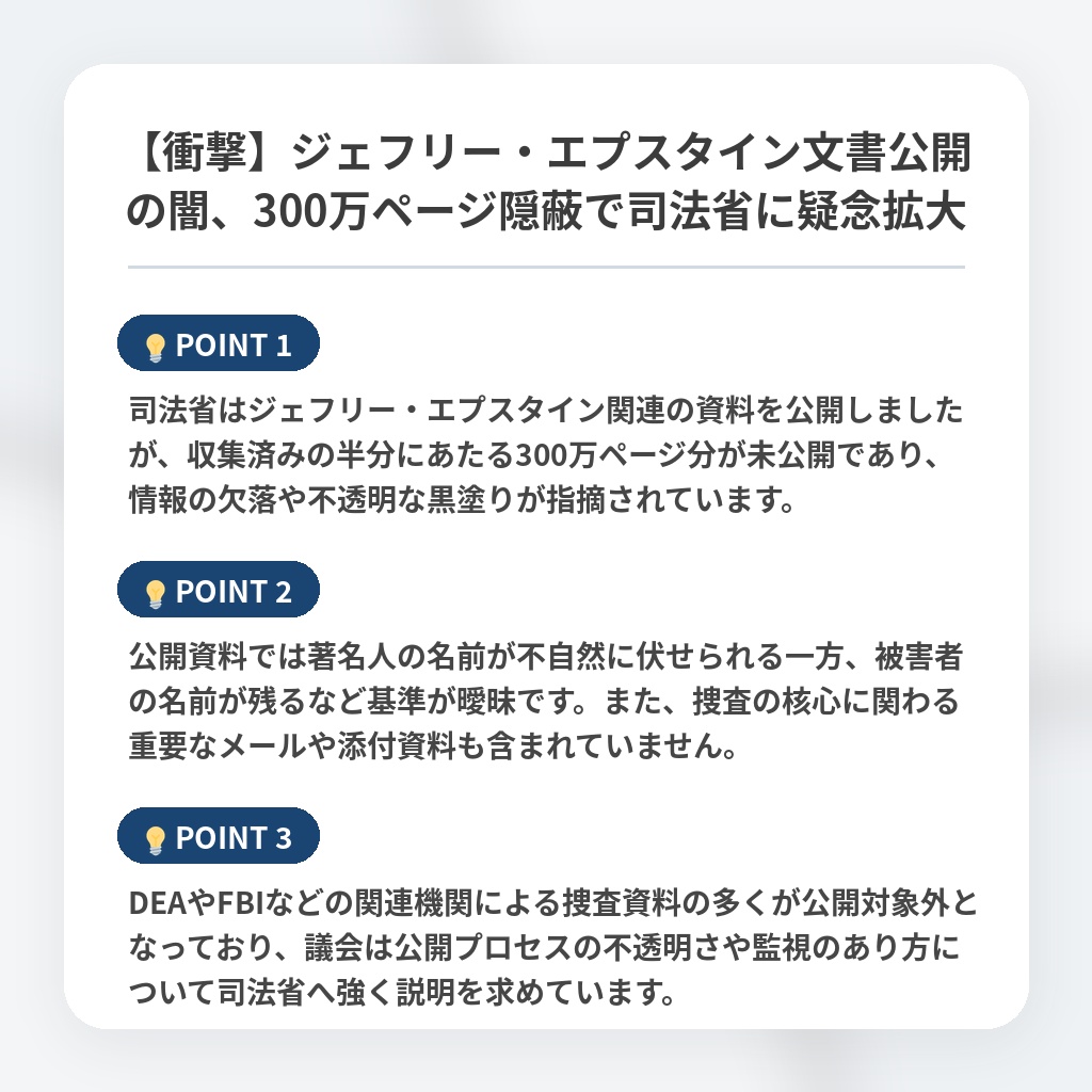 【衝撃】ジェフリー・エプスタイン文書公開の闇、300万ページ隠蔽で司法省に疑念拡大の注目ポイントまとめ
