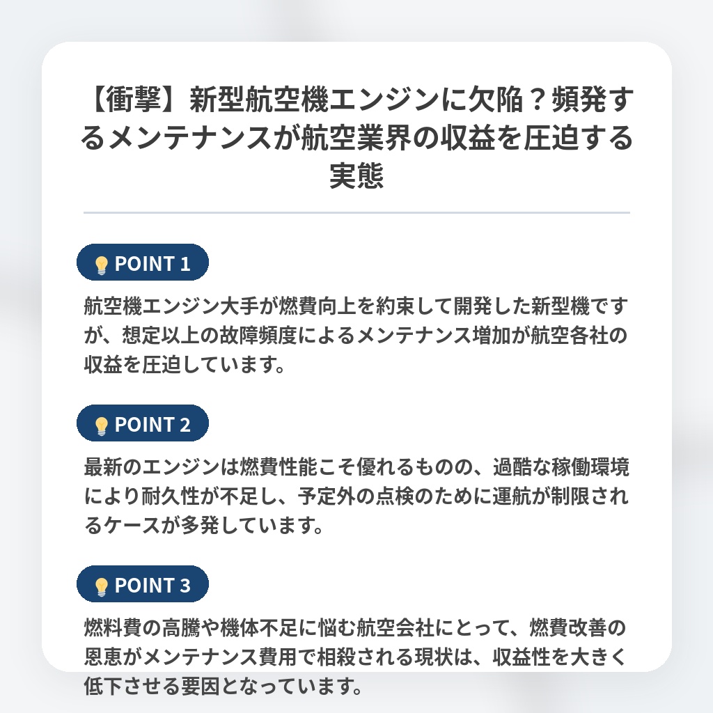【衝撃】新型航空機エンジンに欠陥？頻発するメンテナンスが航空業界の収益を圧迫する実態の注目ポイントまとめ