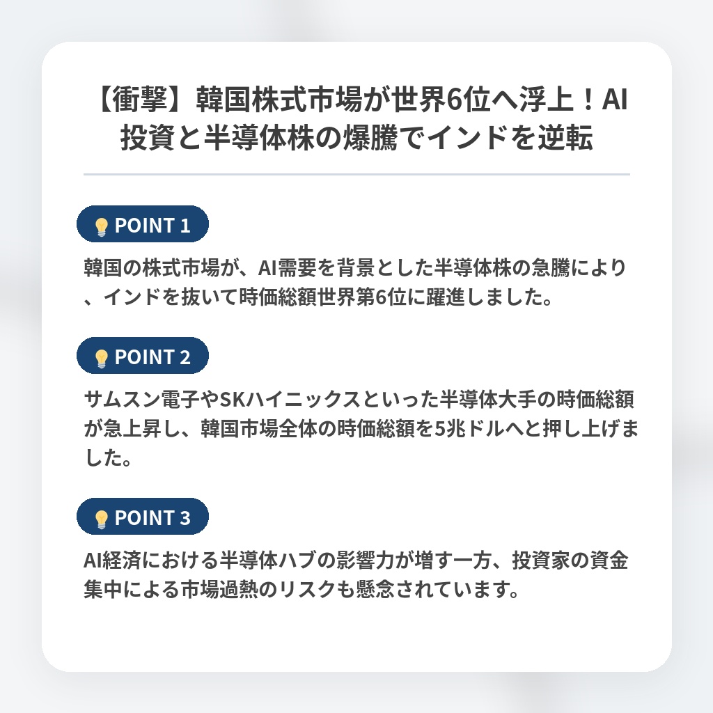 【衝撃】韓国株式市場が世界6位へ浮上！AI投資と半導体株の爆騰でインドを逆転の注目ポイントまとめ