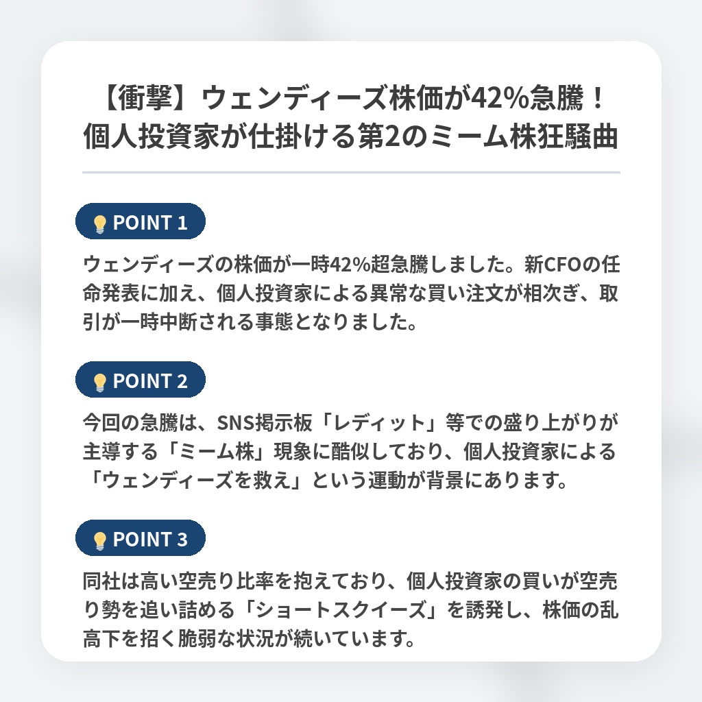 【衝撃】ウェンディーズ株価が42%急騰！個人投資家が仕掛ける第2のミーム株狂騒曲の注目ポイントまとめ