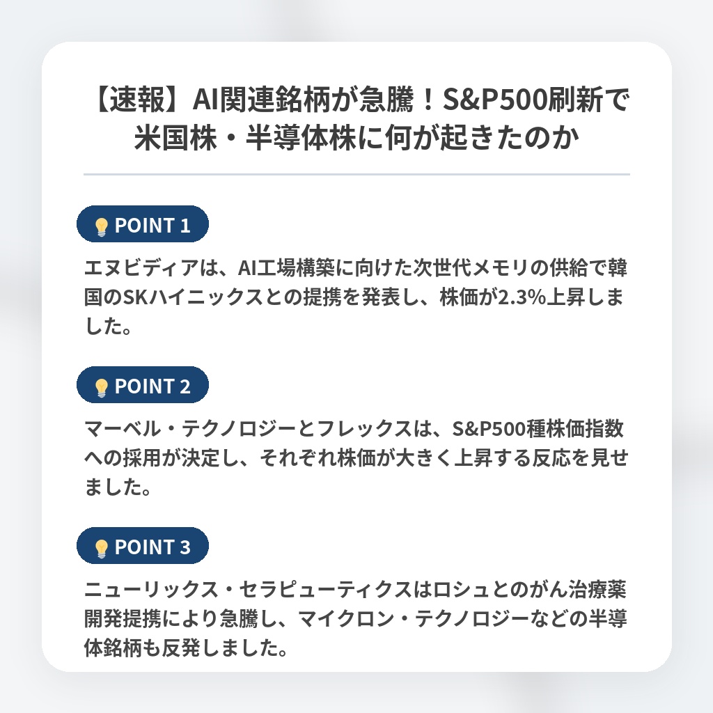 【速報】AI関連銘柄が急騰！S&P500刷新で米国株・半導体株に何が起きたのかの注目ポイントまとめ