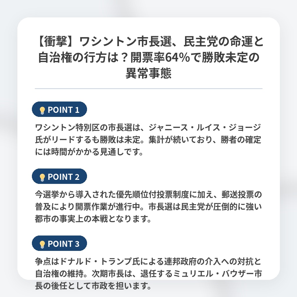 【衝撃】ワシントン市長選、民主党の命運と自治権の行方は?開票率64%で勝敗未定の異常事態の注目ポイントまとめ