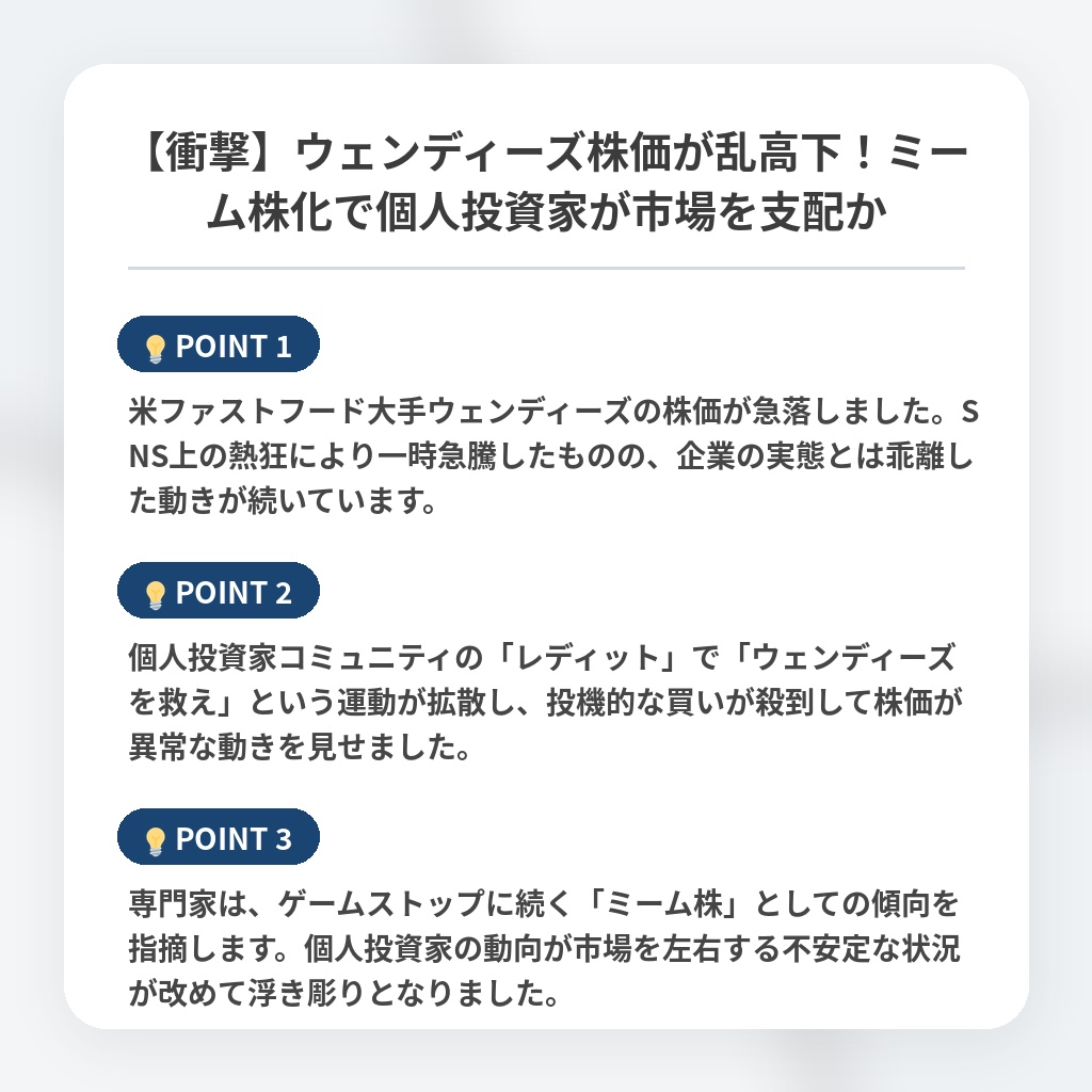 【衝撃】ウェンディーズ株価が乱高下！ミーム株化で個人投資家が市場を支配かの注目ポイントまとめ