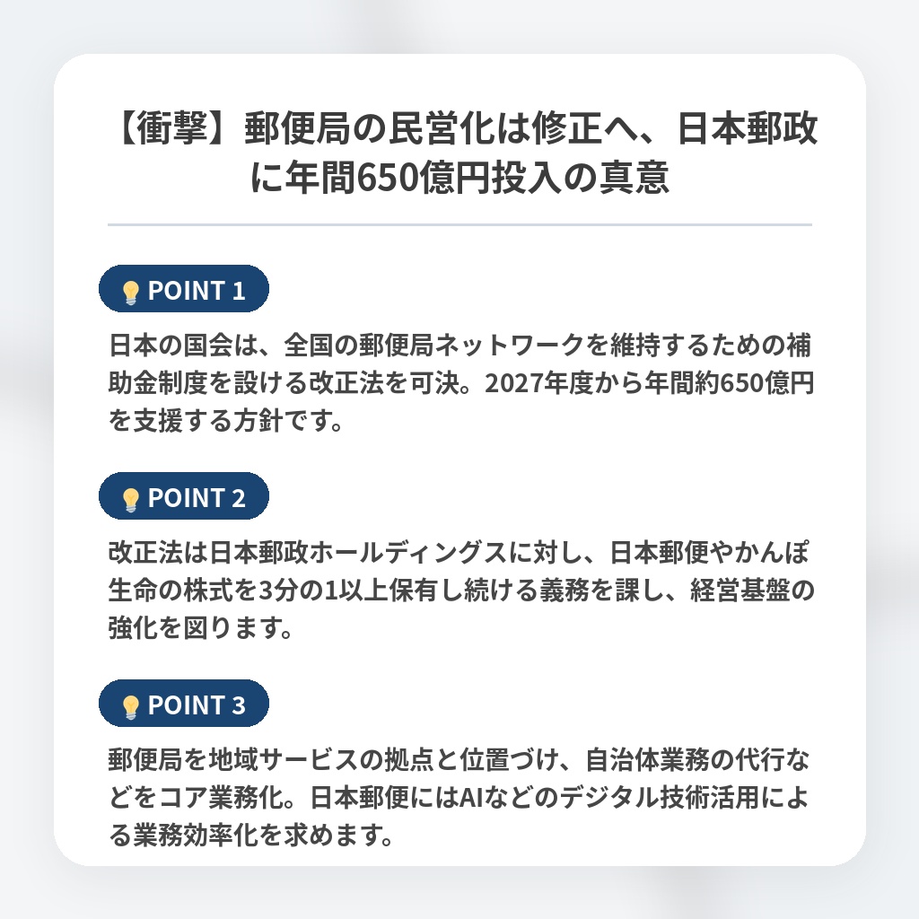 【衝撃】郵便局の民営化は修正へ、日本郵政に年間650億円投入の真意の注目ポイントまとめ