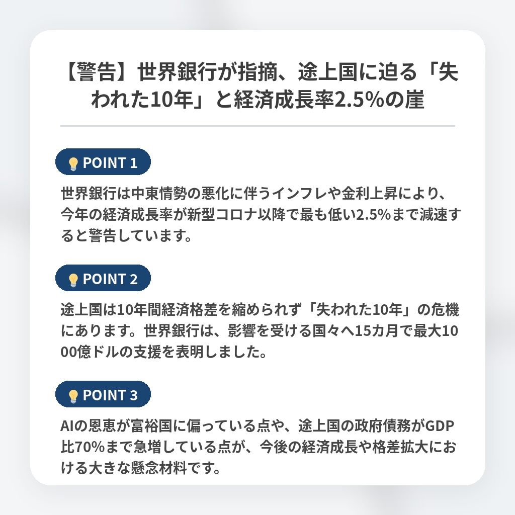 【警告】世界銀行が指摘、途上国に迫る「失われた10年」と経済成長率2.5%の崖の注目ポイントまとめ