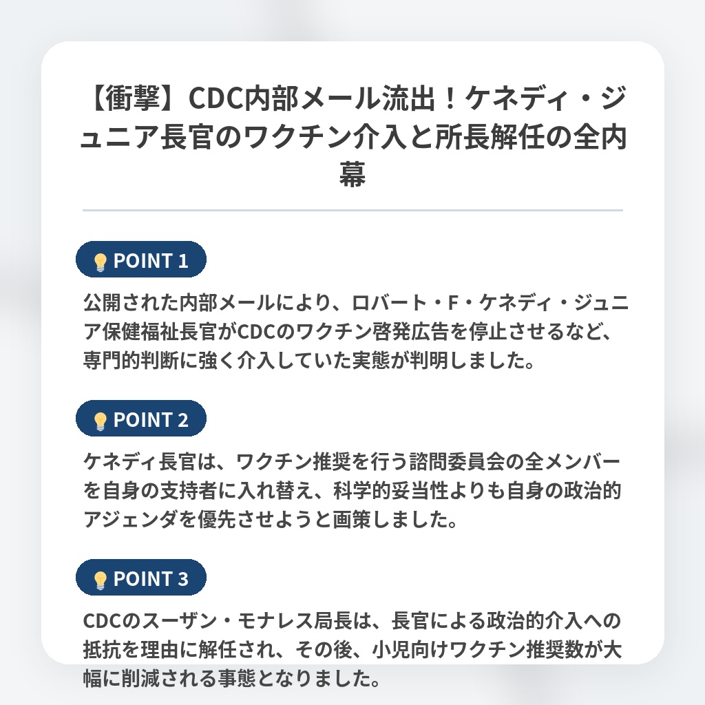 【衝撃】CDC内部メール流出！ケネディ・ジュニア長官のワクチン介入と所長解任の全内幕の注目ポイントまとめ