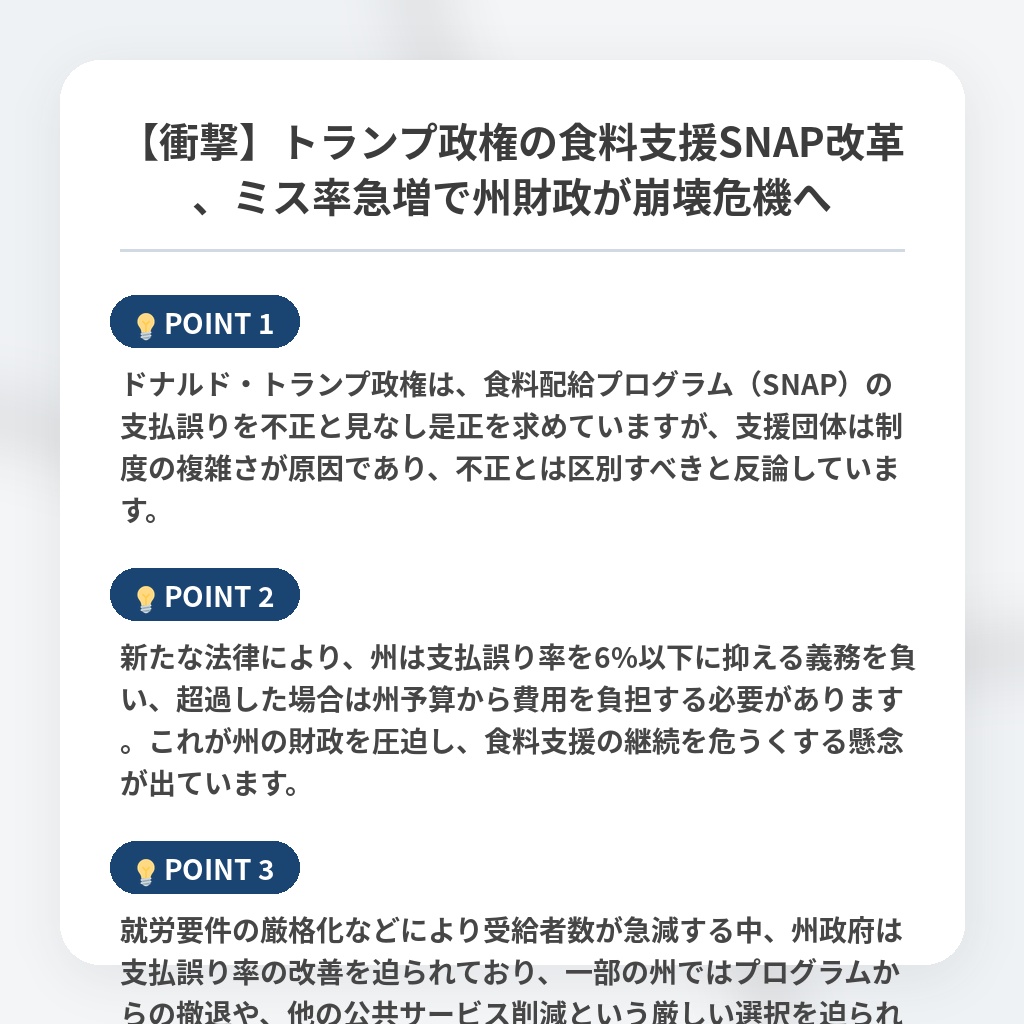 【衝撃】トランプ政権の食料支援SNAP改革、ミス率急増で州財政が崩壊危機への注目ポイントまとめ